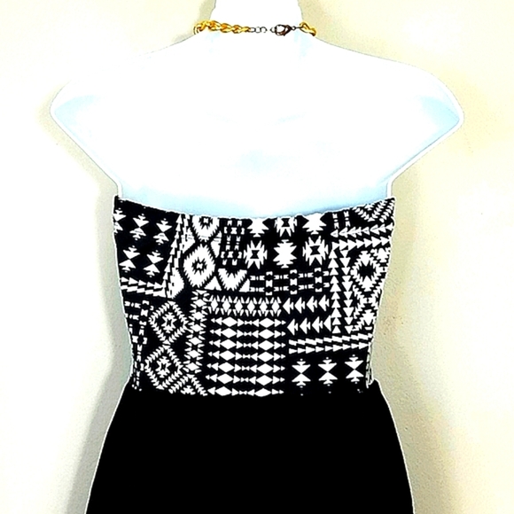Shirred Dress strapless tube Midi high low Western geometric black white Boho - Picture 5 of 8